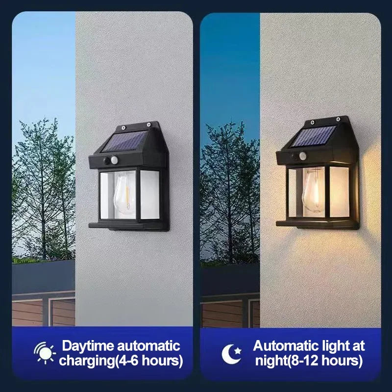 Motion Sensor Tungsten Wall Lamp LED Outdoor Waterproof Solar Power Yard Lights Exterior Wall Mount Lighting Yard Garden Decor